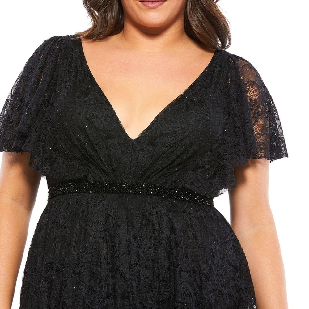 MAC DUGGAL Black Lace Overlay Short Sleeve Empire Waist V Neck Midi Dress 16 NWT - Picture 3 of 16